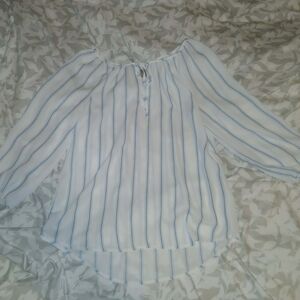 LOFT White Blouse with Blue Vertical Stripes